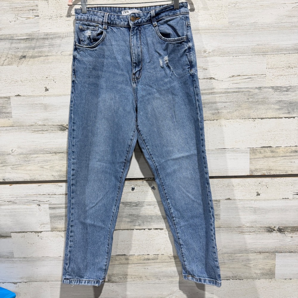 Zara Mom Jeans Women 8 Blue Distressed High Rise Tapered 90s EUC